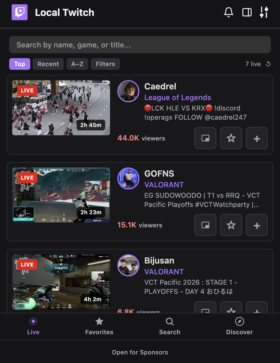 Followed channels, live now (popup view)