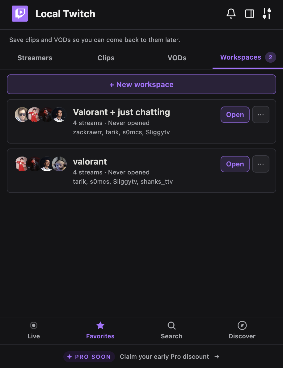 Saved workspaces — Tournament Mode, Friends, and Drops Farming, each with four streams