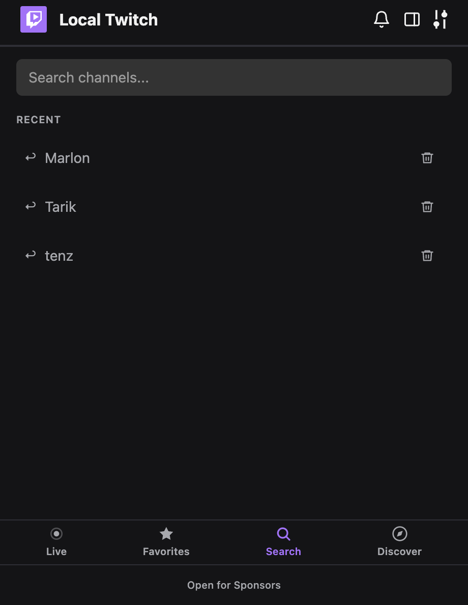 Search · empty state with recent channels